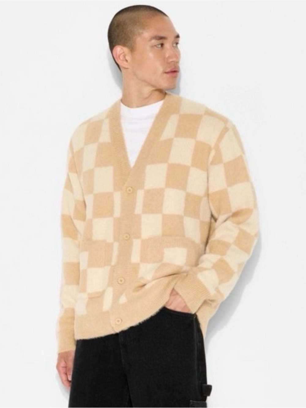 Original Use Beige and Cream Checkerboard Cardigan